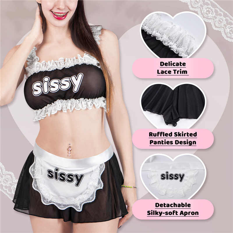 SissyUniversity Maid See-through Bralette Skirted Panties Set Black