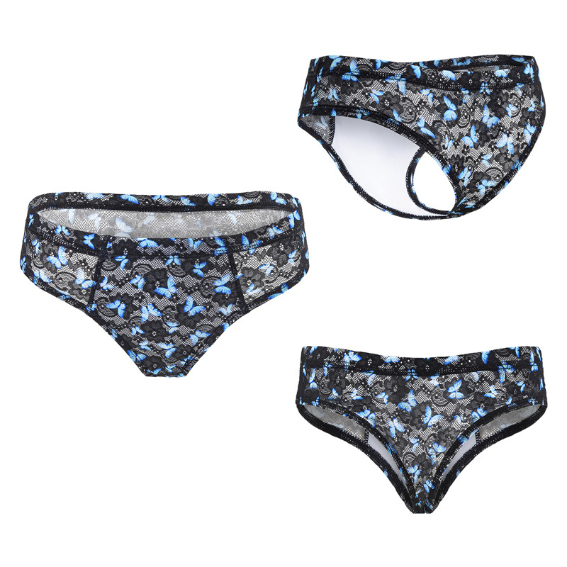 Blue Butterfly Mesh Tucking Gaff Brazilian Cheeky Panties