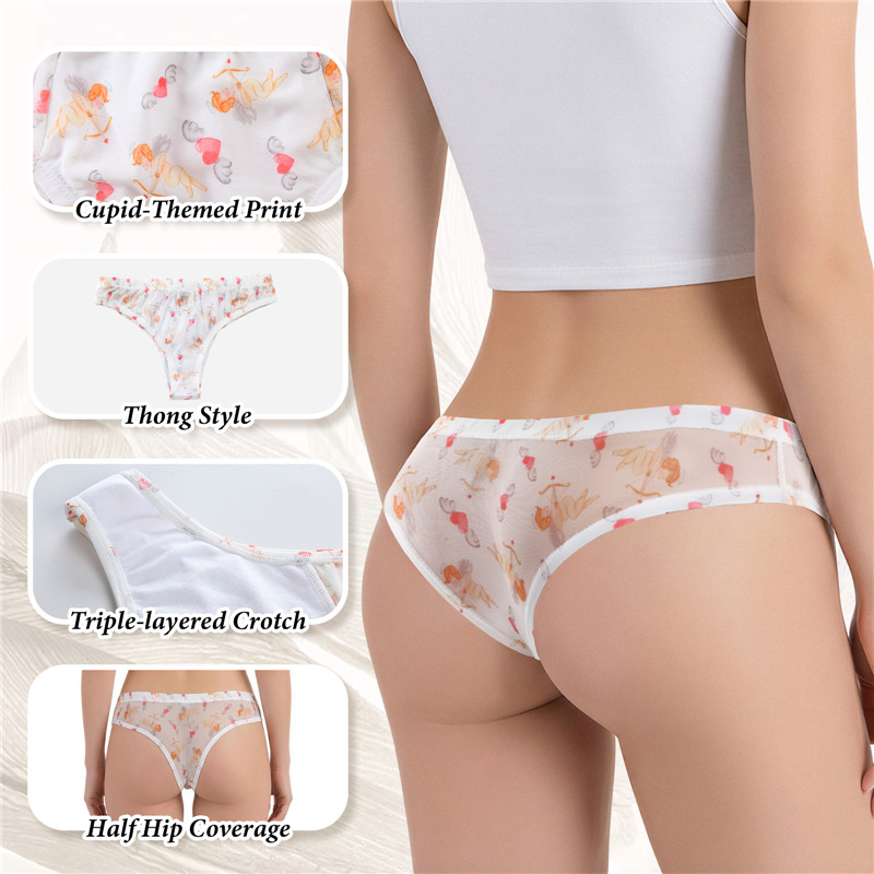 Cupid Print Mesh Tucking Gaff Brazilian Cheeky Panties