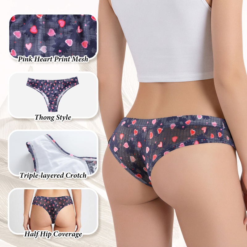 Pink Hearts Pattern Mesh Tucking Gaff Brazilian Cheeky Panties
