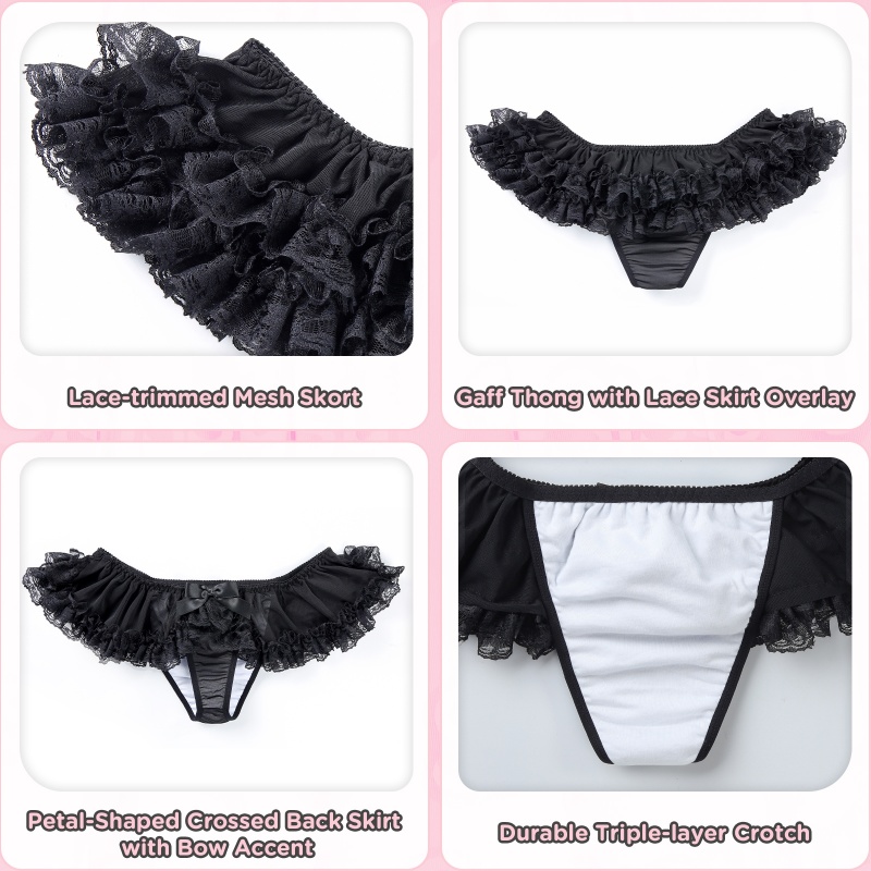 Lace Skort Tucking Thong Panties Black