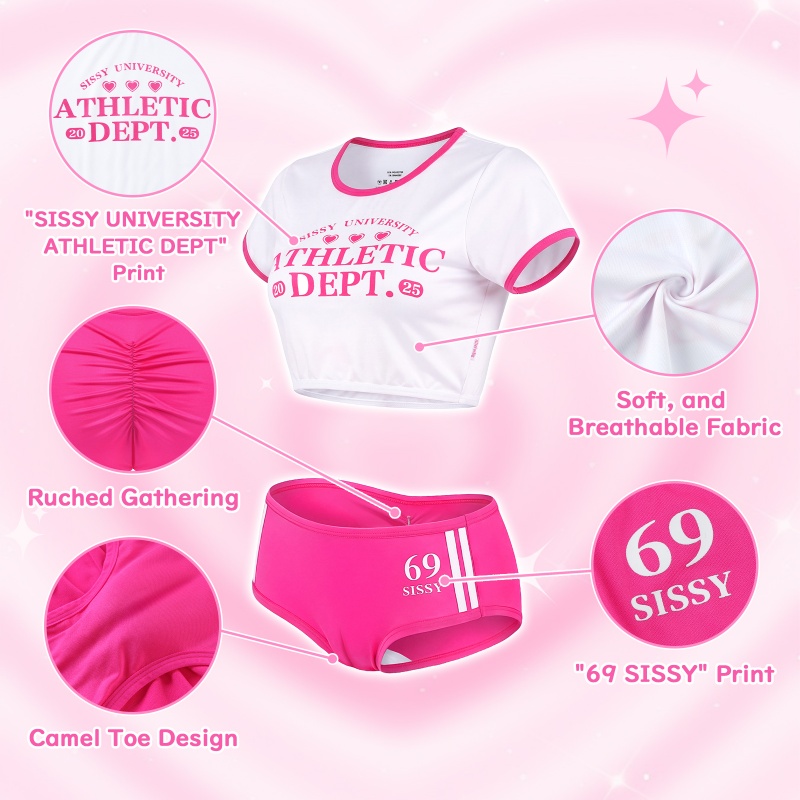 SissyUniversity Varsity Gym Camel Toe Tucking Gaff Shorts Set