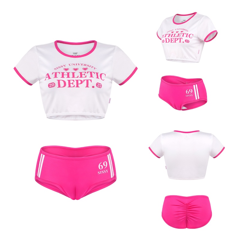 SissyUniversity Varsity Gym Camel Toe Tucking Gaff Shorts Set