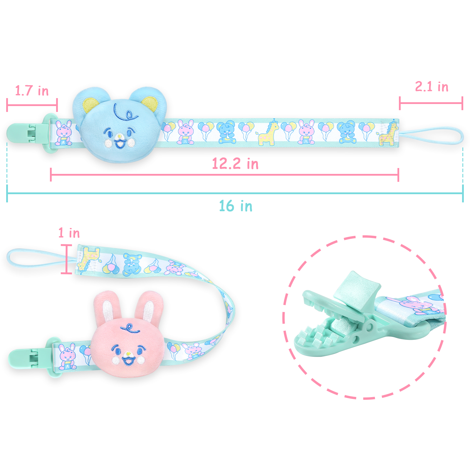 Baby Parade Stuffed Animal Pacifier 2 Paci Clips Set