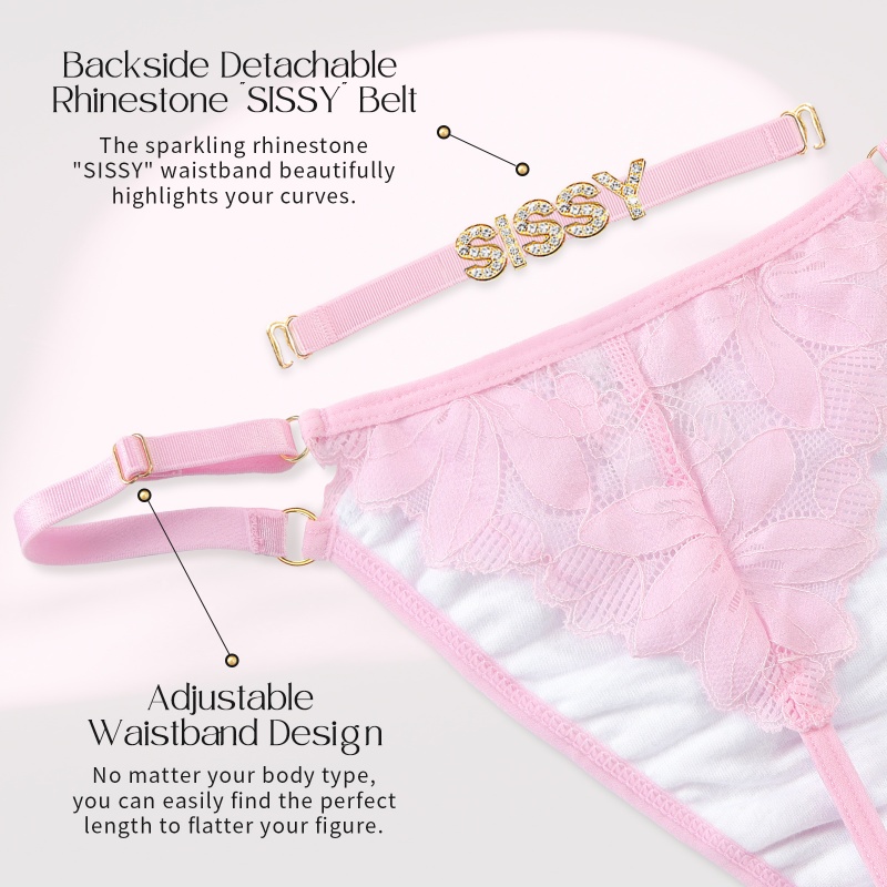 SissyUniversity Doll Lace and Rhinestone Tanga Tucking Gaff Thong Panties Pink