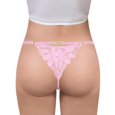 SissyUniversity Doll Lace and Rhinestone Tanga Tucking Gaff Thong Panties Pink