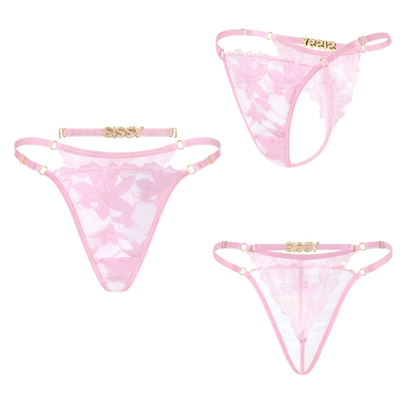 SissyUniversity Doll Lace and Rhinestone Tanga Tucking Gaff Thong Panties Pink