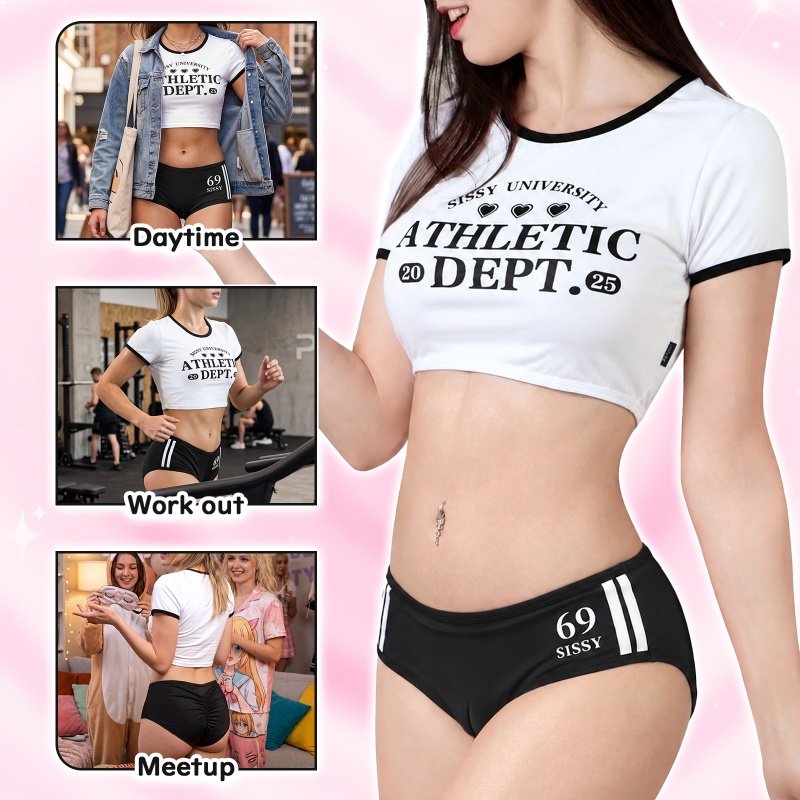 SissyUniversity Varsity Gym Camel Toe Tucking Gaff Shorts Set Black