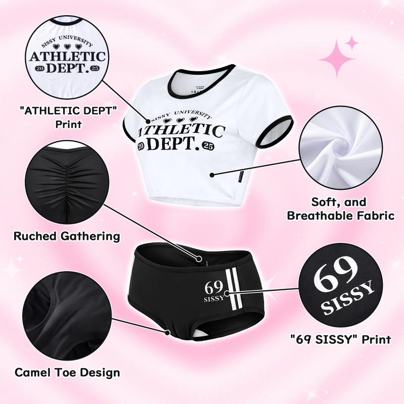 SissyUniversity Varsity Gym Camel Toe Tucking Gaff Shorts Set Black
