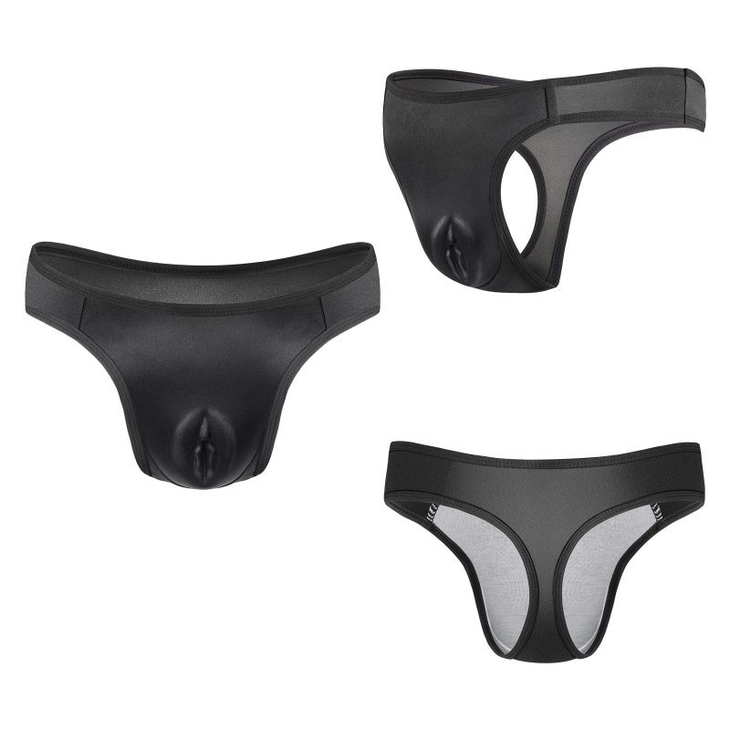 Realistic Camel Toe Tucking Gaff Thong Panties Black